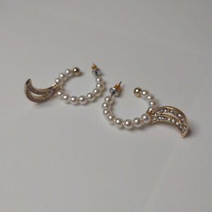 Faux Pearl Hoop With Gold Tone Moon Earrings